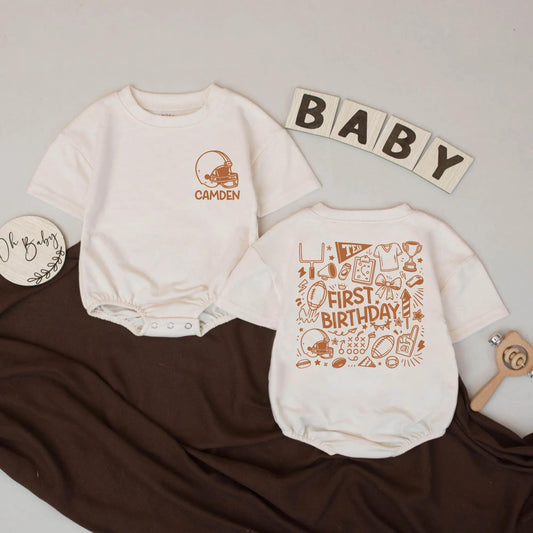 Camden's First Birthday Football Romper, Touchdown Outfit! Personalized 1st Birthday Bodysuit, Game Day Baby, Sports Shower Gift, Light Brown 139 char