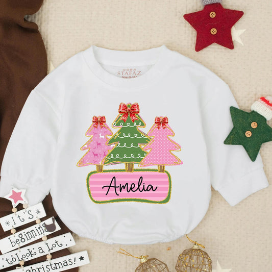 Amelia's Custom Christmas Trees Bubble Romper Baby Toddler Girl Holiday Outfit Red Bow Gold Glitter