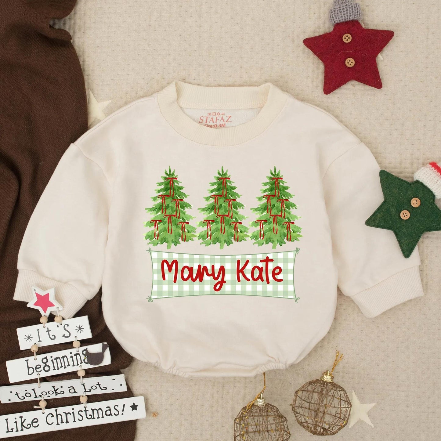 Personalized Mary Kate Christmas Tree Romper, Custom Holiday Baby Outfit, Festive Infant Xmas Bodysuit, Girl Winter Clothes Gift, Gingham Banner 135
