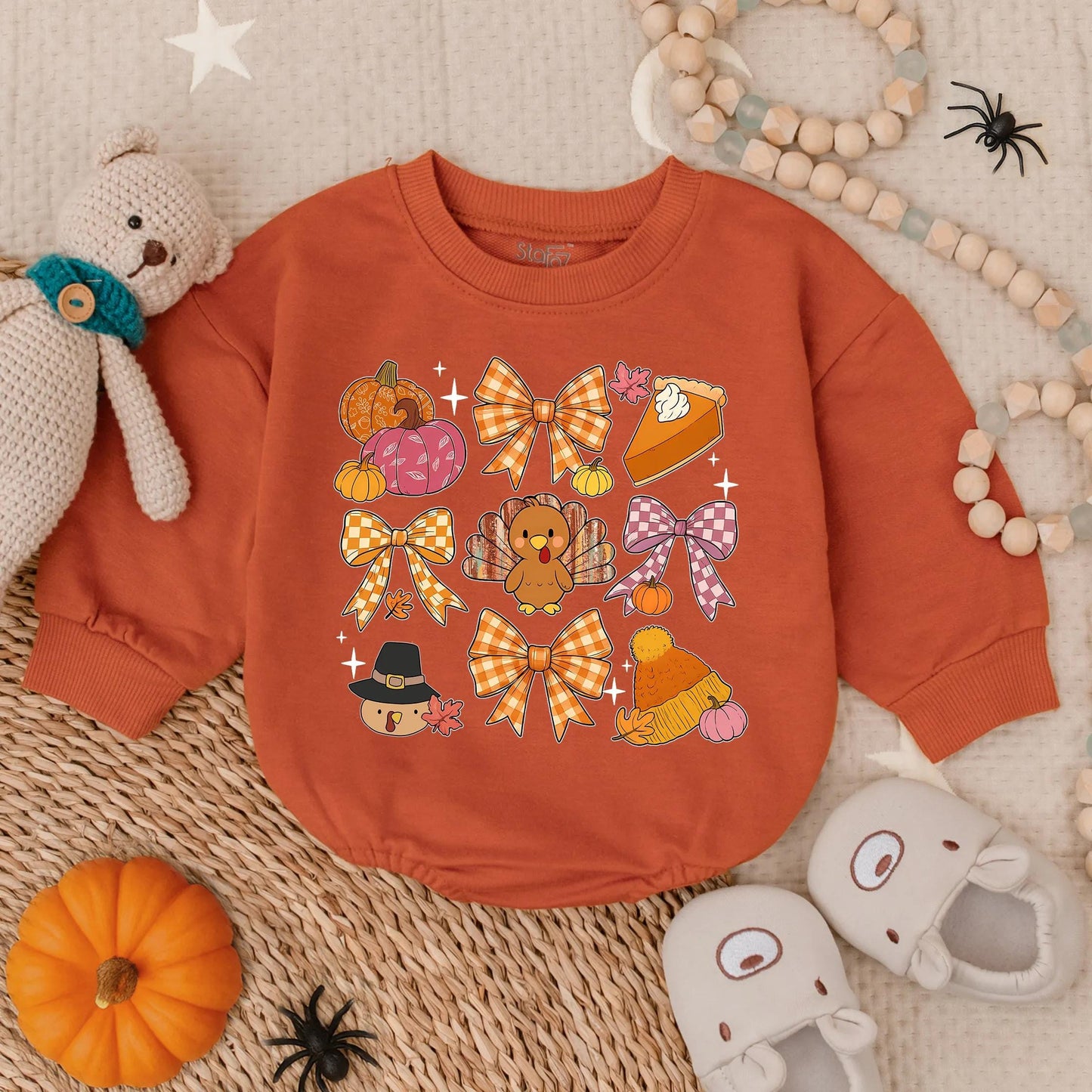 First Thanksgiving Baby Romper, Playful Turkey & Pumpkin Design, Cozy Infant Fall Outfit for Girl or Boy Toddler Autumn Holiday Clothes