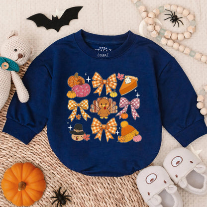 First Thanksgiving Baby Romper, Playful Turkey & Pumpkin Design, Cozy Infant Fall Outfit for Girl or Boy Toddler Autumn Holiday Clothes