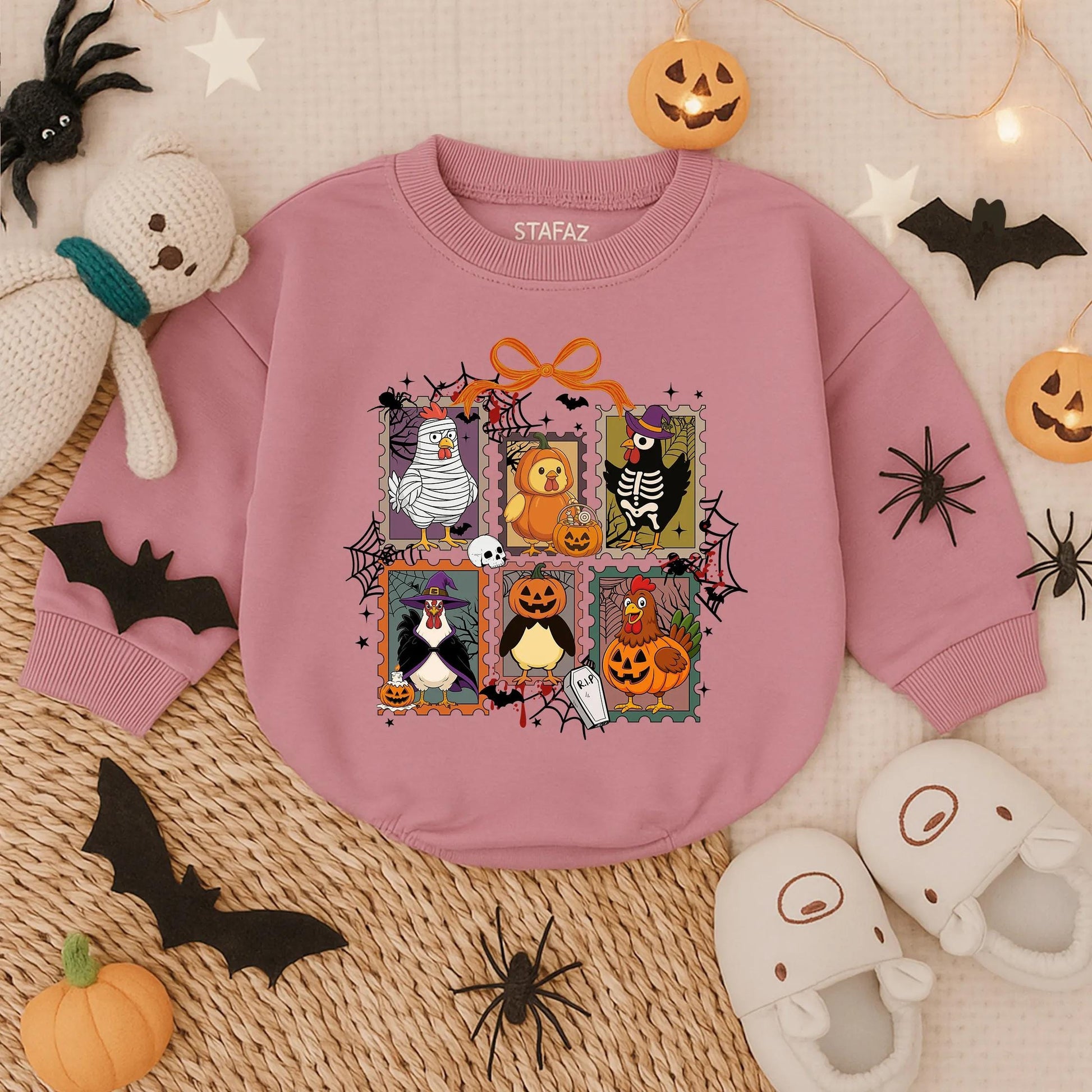 Spooky Chick or Treat Romper: Retro Halloween Chicken Baby Outfit, Funny Infant Costume Sweatshirt, Toddler Fall Clothes, Vintage Style, 135 chars