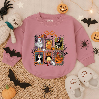 Spooky Chick or Treat Romper: Retro Halloween Chicken Baby Outfit, Funny Infant Costume Sweatshirt, Toddler Fall Clothes, Vintage Style, 135 chars