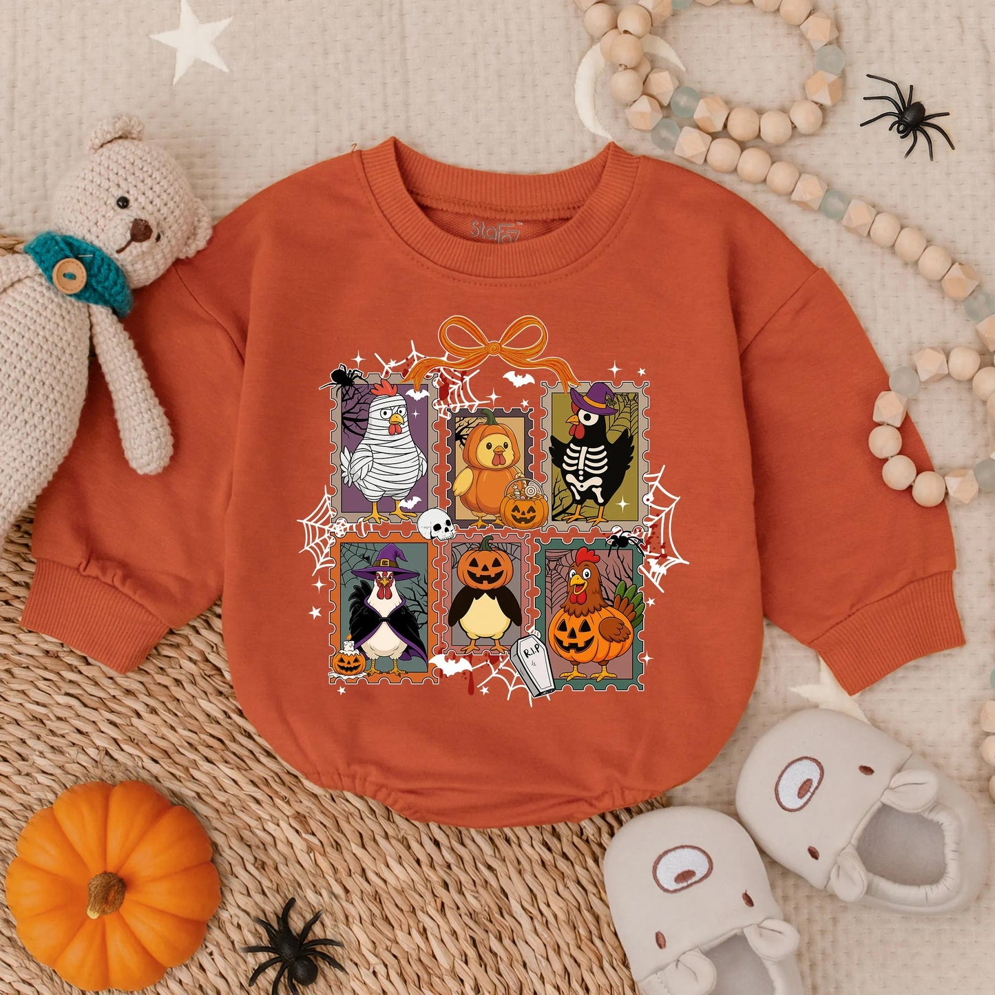Spooky Chick or Treat Romper: Retro Halloween Chicken Baby Outfit, Funny Infant Costume Sweatshirt, Toddler Fall Clothes, Vintage Style, 135 chars