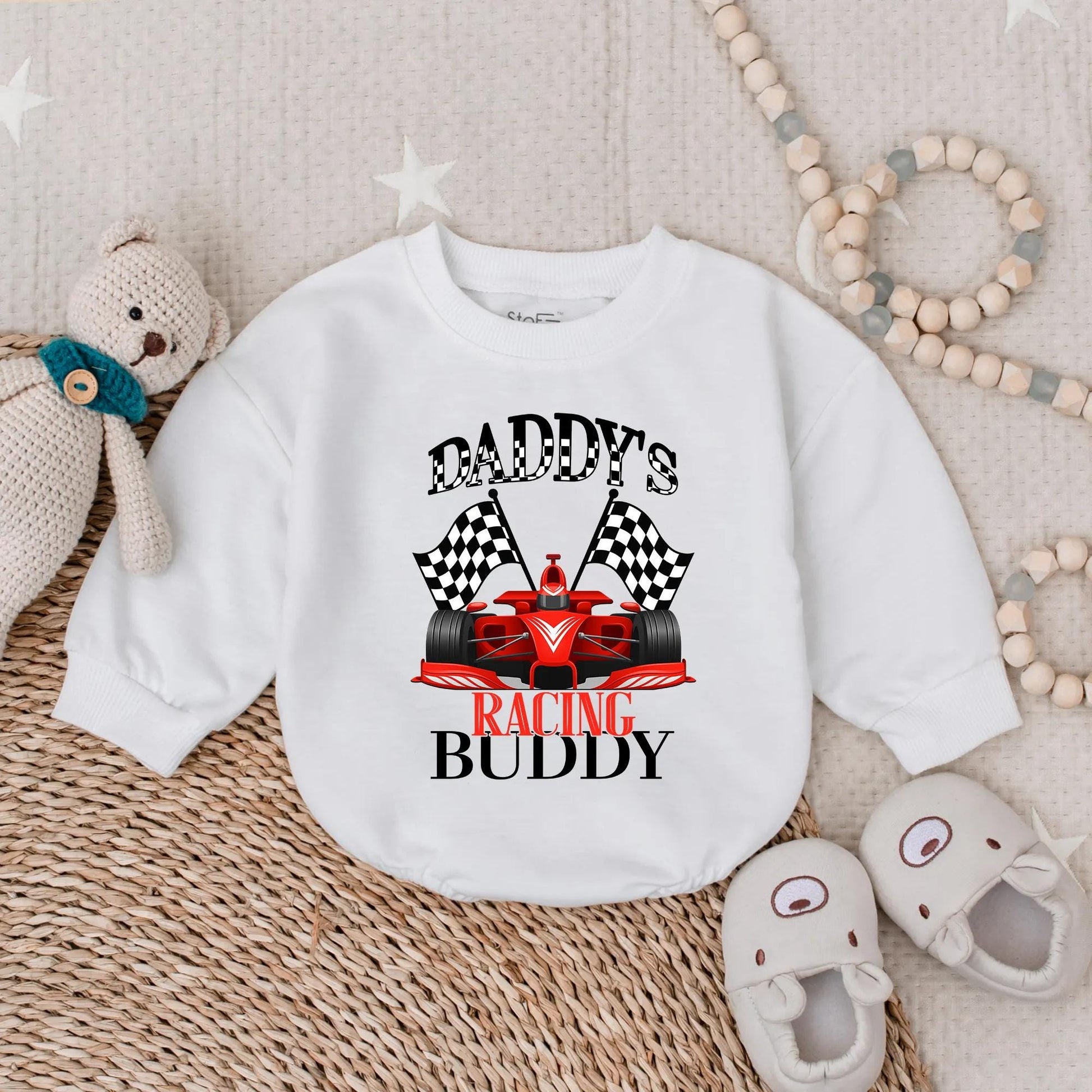 Daddy's Racing Buddy Baby Romper Checkered Flags Outfit, Cute Race Car Sweatshirt Infant Toddler Motorsports Clothes, Dad Son Matching Gift 134 chars