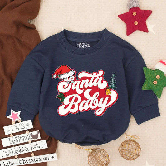 Santa Baby Romper: Retro Christmas Outfit for Baby Girl or Boy, Holiday Infant Bodysuit, Fun Xmas Toddler Clothes, Winter Pullover, Gift Idea 138 chars