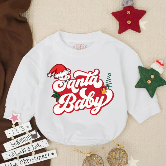Santa Baby Romper: Retro Christmas Outfit for Baby Girl or Boy, Holiday Infant Bodysuit, Fun Xmas Toddler Clothes, Winter Pullover, Gift Idea 138 chars