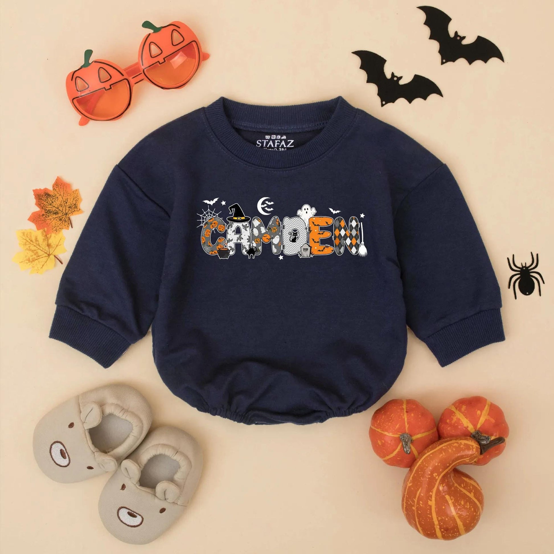 Personalized Baby Boy Halloween Bubble Romper featuring Child's Name Pumpkins Spiderwebs Bats Black Cat Design Festive Fall Toddler Spooky Gift