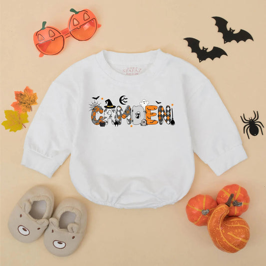 Personalized Baby Boy Halloween Bubble Romper featuring Child's Name Pumpkins Spiderwebs Bats Black Cat Design Festive Fall Toddler Spooky Gift