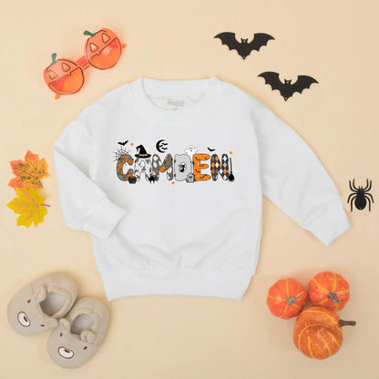 Personalized Baby Boy Halloween Bubble Romper featuring Child's Name Pumpkins Spiderwebs Bats Black Cat Design Festive Fall Toddler Spooky Gift