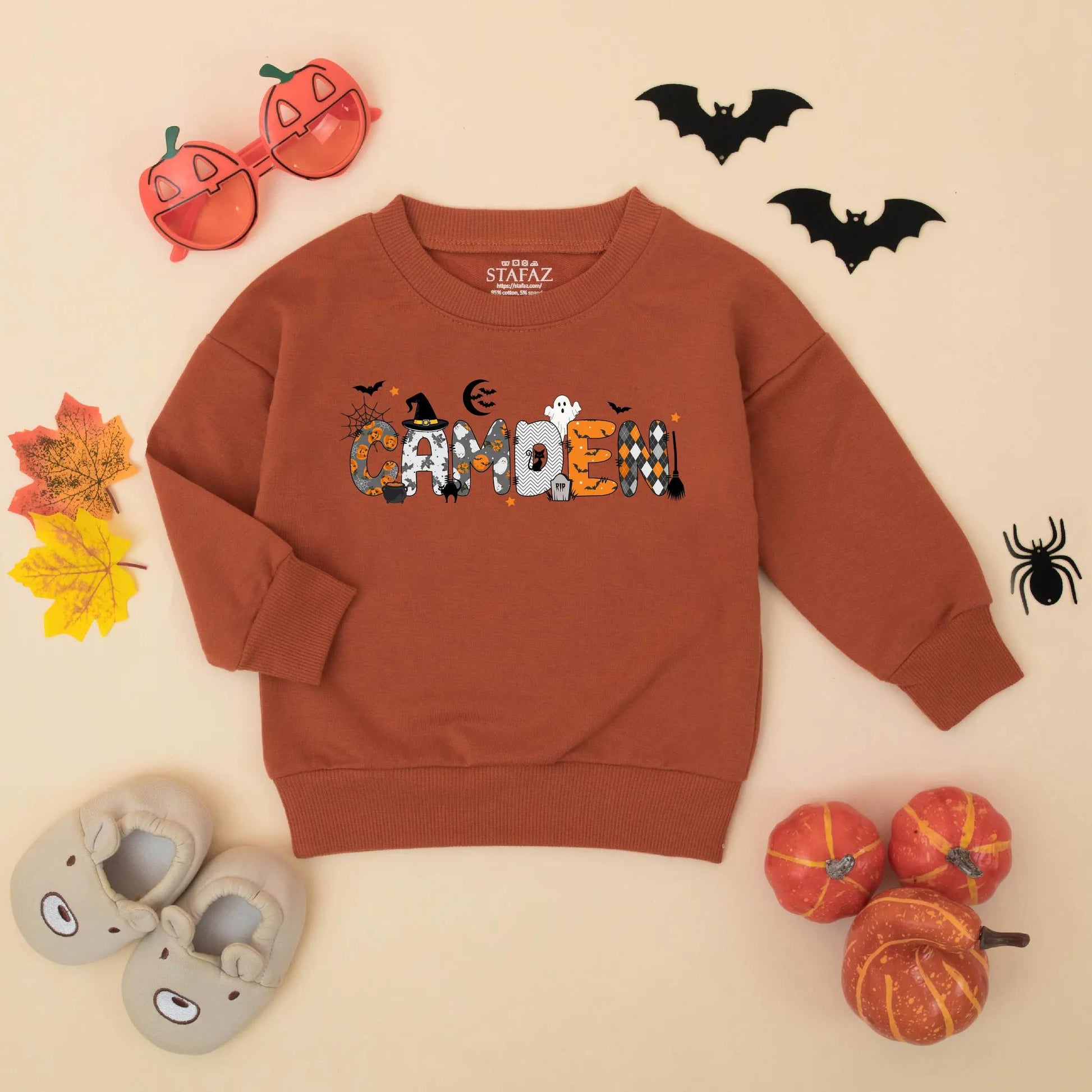 Personalized Baby Boy Halloween Bubble Romper featuring Child's Name Pumpkins Spiderwebs Bats Black Cat Design Festive Fall Toddler Spooky Gift