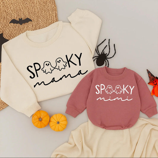 Spooky Mama & Mini Halloween Matching Sweatshirt and Romper Cute Ghost Cartoon Design Family Outfit White and Black Accents