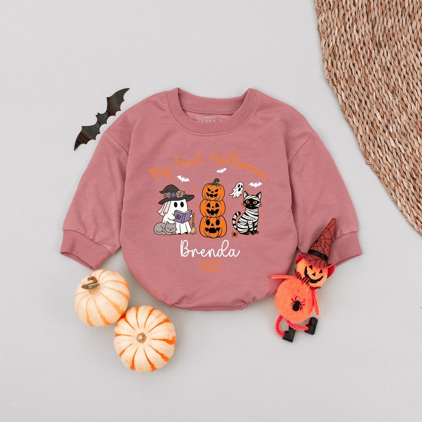 Custom My First Halloween 2025 Baby Romper Cute Cartoon Orange Purple Black White Ghost Pumpkin Cat Spooky Season Infant Outfit