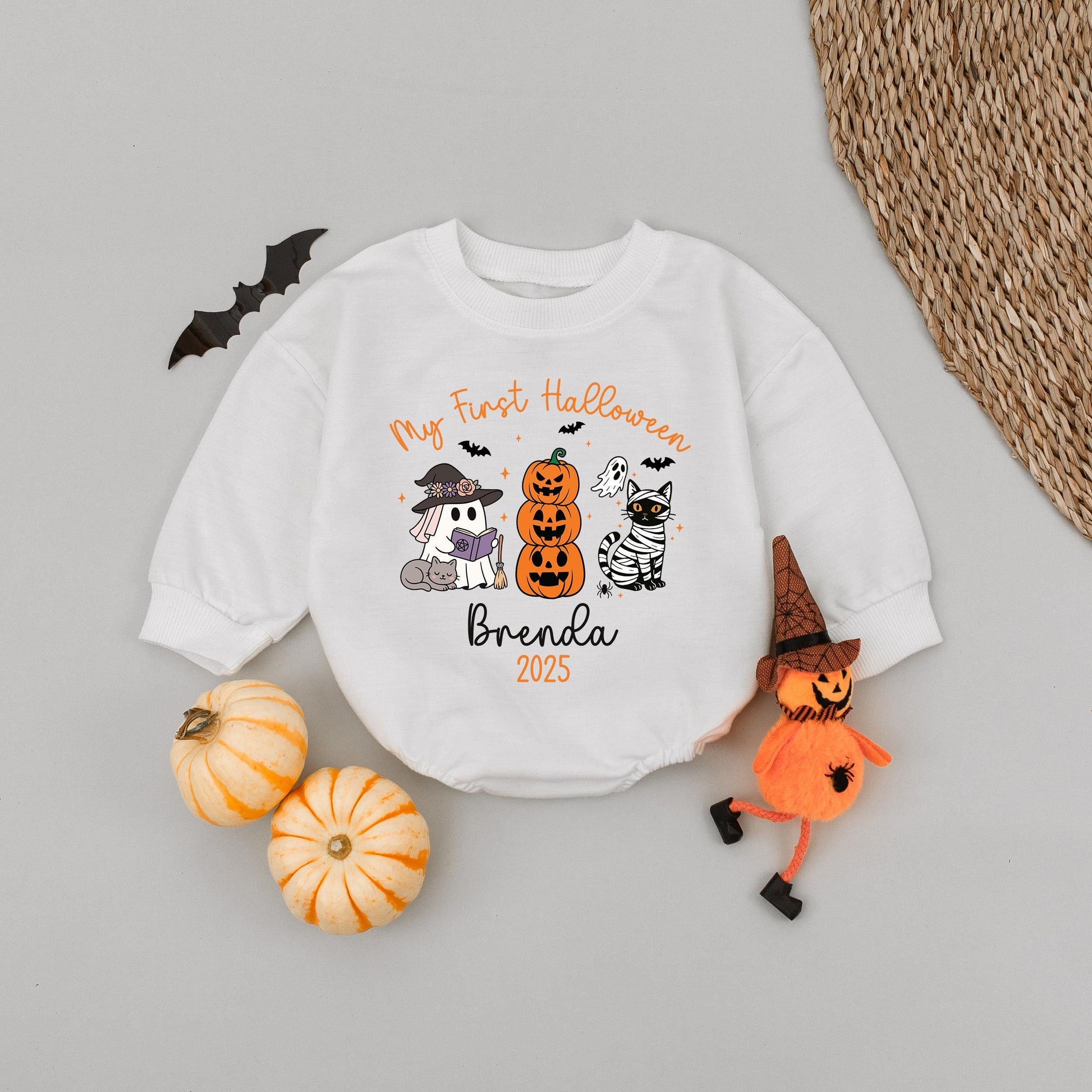 Custom My First Halloween 2025 Baby Romper Cute Cartoon Orange Purple Black White Ghost Pumpkin Cat Spooky Season Infant Outfit