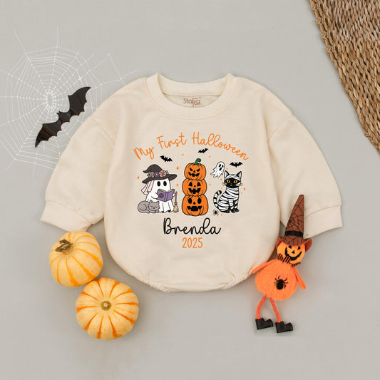 Custom My First Halloween 2025 Baby Romper Cute Cartoon Orange Purple Black White Ghost Pumpkin Cat Spooky Season Infant Outfit