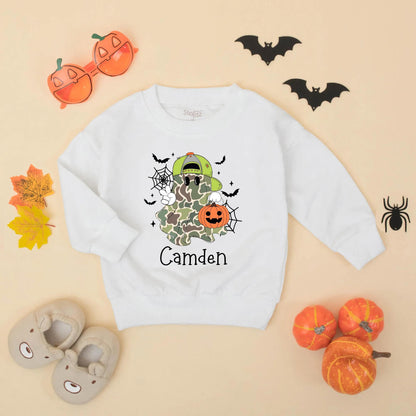 Personalized Baby Boy Halloween Camo Ghost Romper Bodysuit with Name for First Halloween and cute Jack-o-Lantern bats design