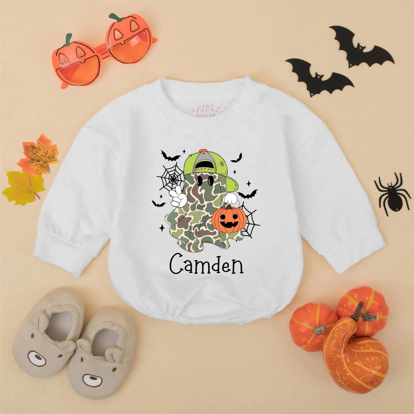 Personalized Baby Boy Halloween Camo Ghost Romper Bodysuit with Name for First Halloween and cute Jack-o-Lantern bats design