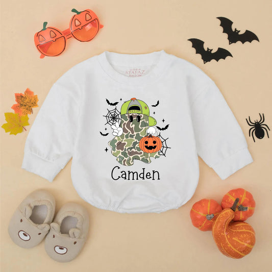 Personalized Baby Boy Halloween Camo Ghost Romper Bodysuit with Name for First Halloween and cute Jack-o-Lantern bats design