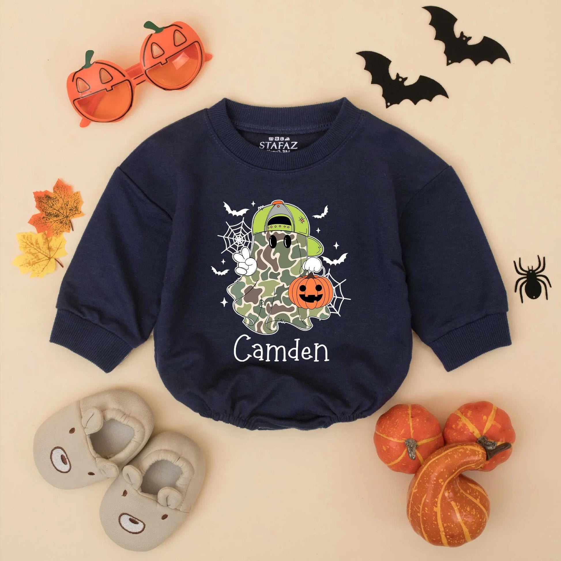 Personalized Baby Boy Halloween Camo Ghost Romper Bodysuit with Name for First Halloween and cute Jack-o-Lantern bats design