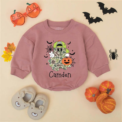 Personalized Baby Boy Halloween Camo Ghost Romper Bodysuit with Name for First Halloween and cute Jack-o-Lantern bats design