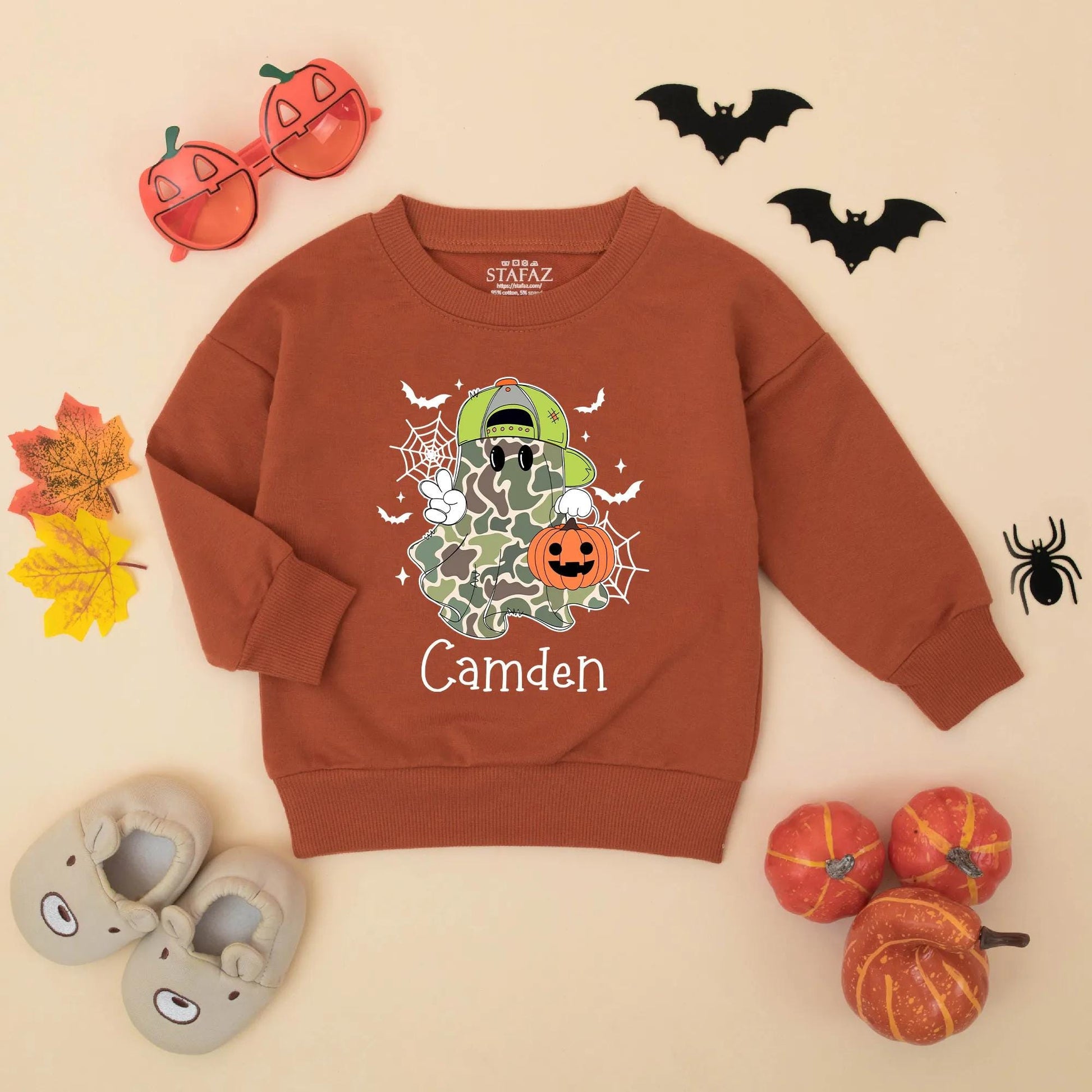 Personalized Baby Boy Halloween Camo Ghost Romper Bodysuit with Name for First Halloween and cute Jack-o-Lantern bats design