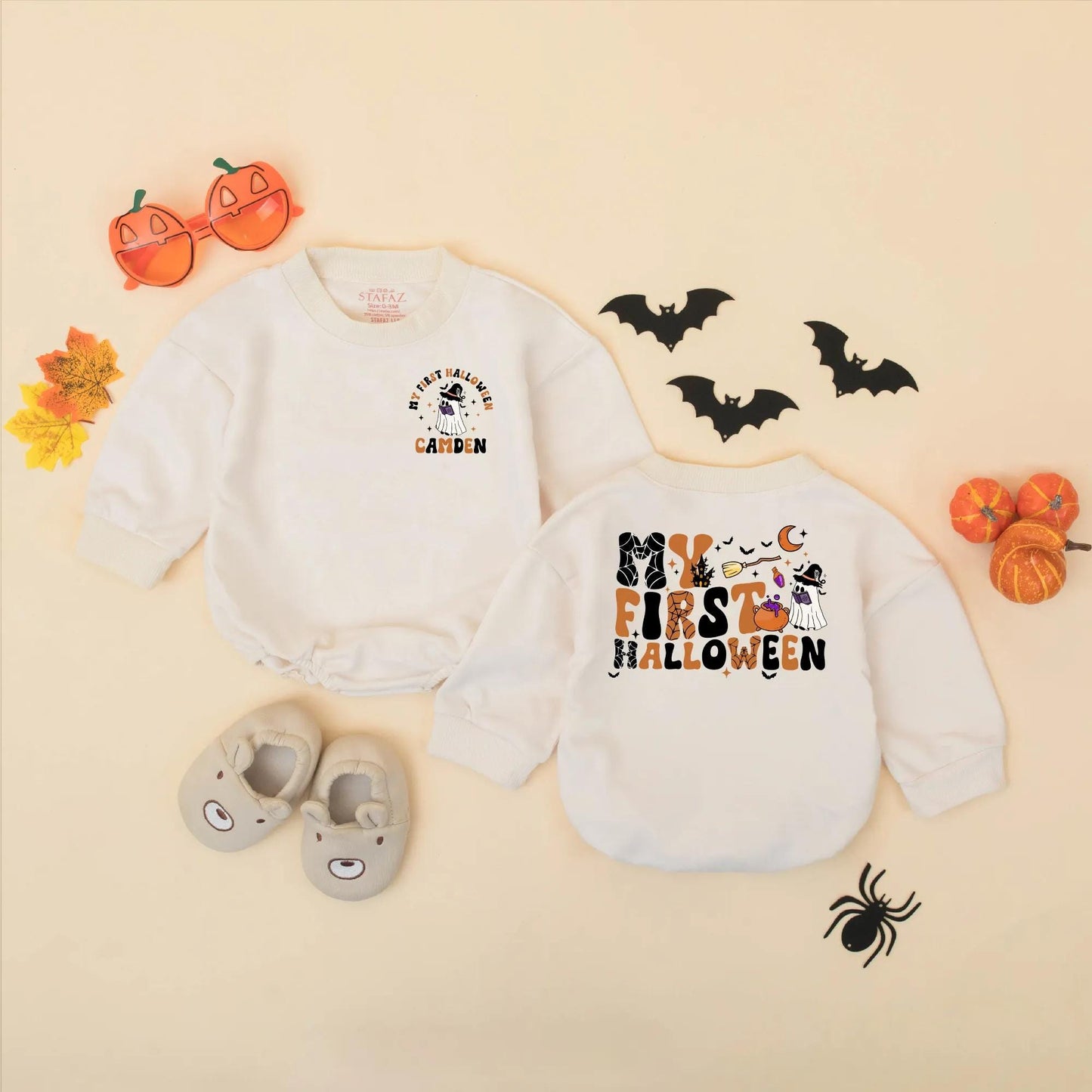 Personalized My First Halloween Baby Romper, Camden's Spooky Outfit, Retro Boy Bodysuit, Custom Infant Fall Gift, Cute Halloween
