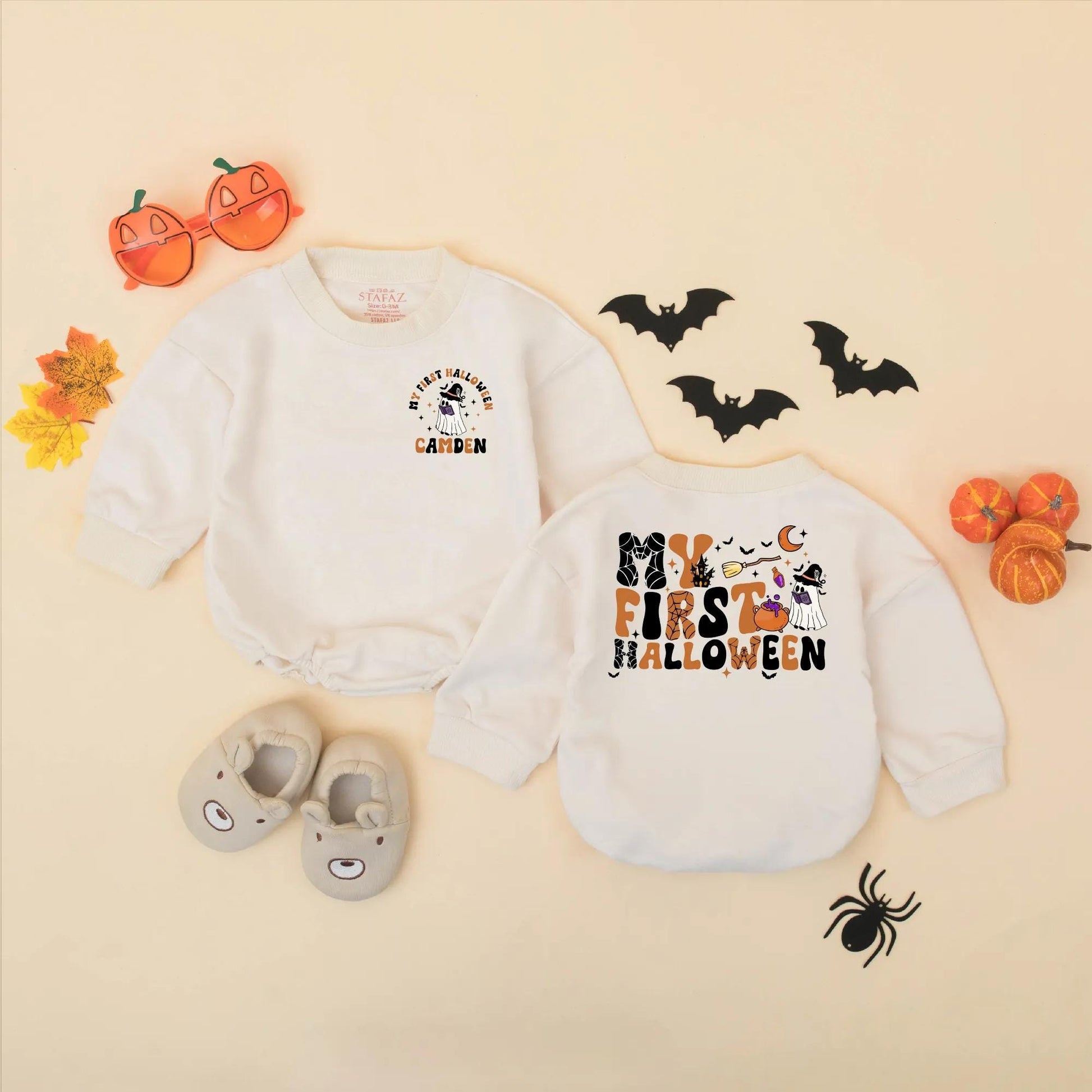 Personalized My First Halloween Baby Romper, Camden's Spooky Outfit, Retro Boy Bodysuit, Custom Infant Fall Gift, Cute Halloween