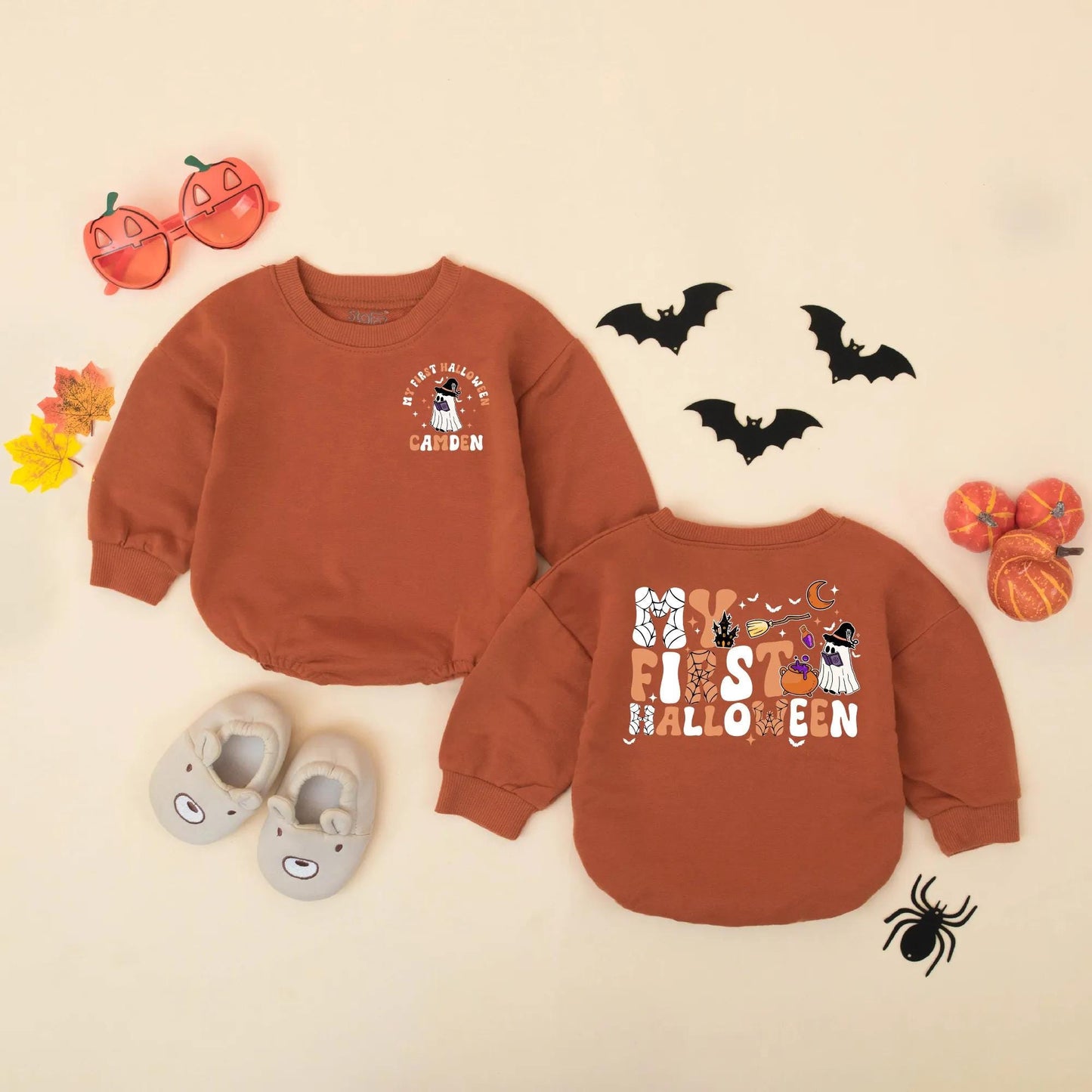 Personalized My First Halloween Baby Romper, Camden's Spooky Outfit, Retro Boy Bodysuit, Custom Infant Fall Gift, Cute Halloween