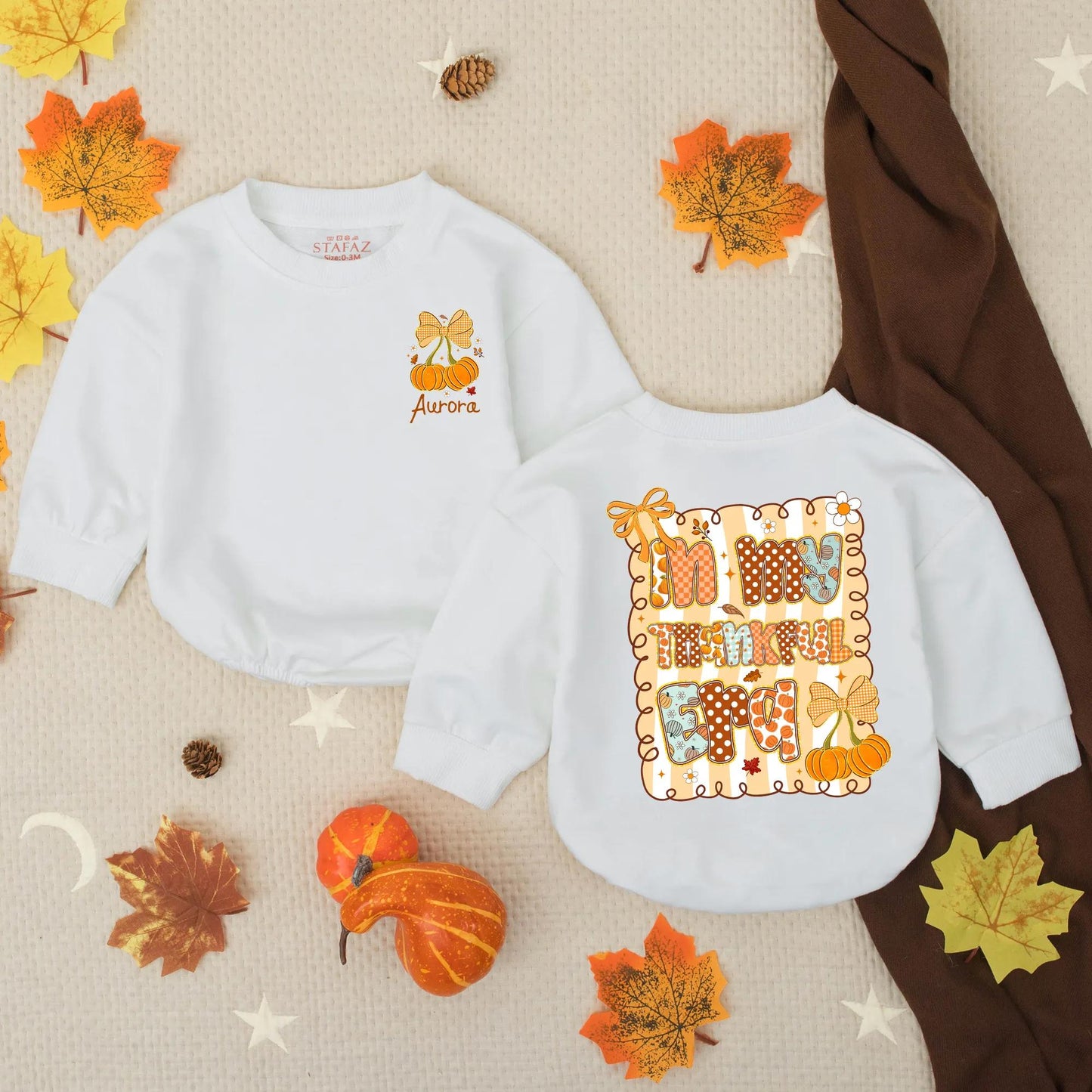 Custom "In My Thankful Era" Romper Aurora Pumpkin Bow Baby Fall Outfit Cute Thanksgiving Toddler Sweatshirt Autumn