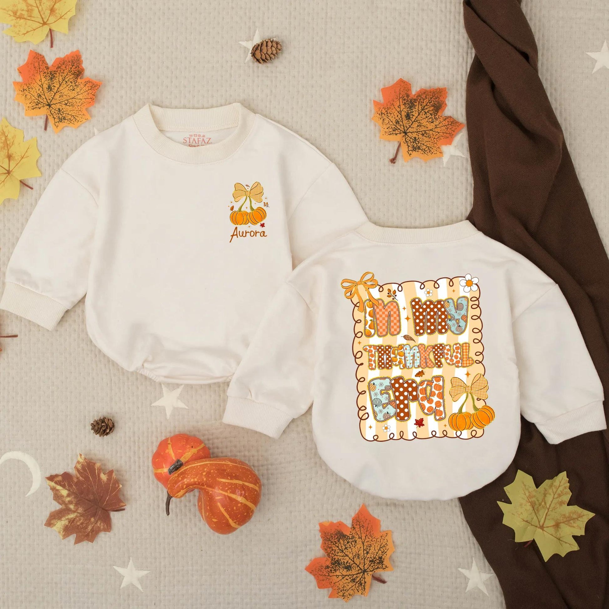 Custom "In My Thankful Era" Romper Aurora Pumpkin Bow Baby Fall Outfit Cute Thanksgiving Toddler Sweatshirt Autumn