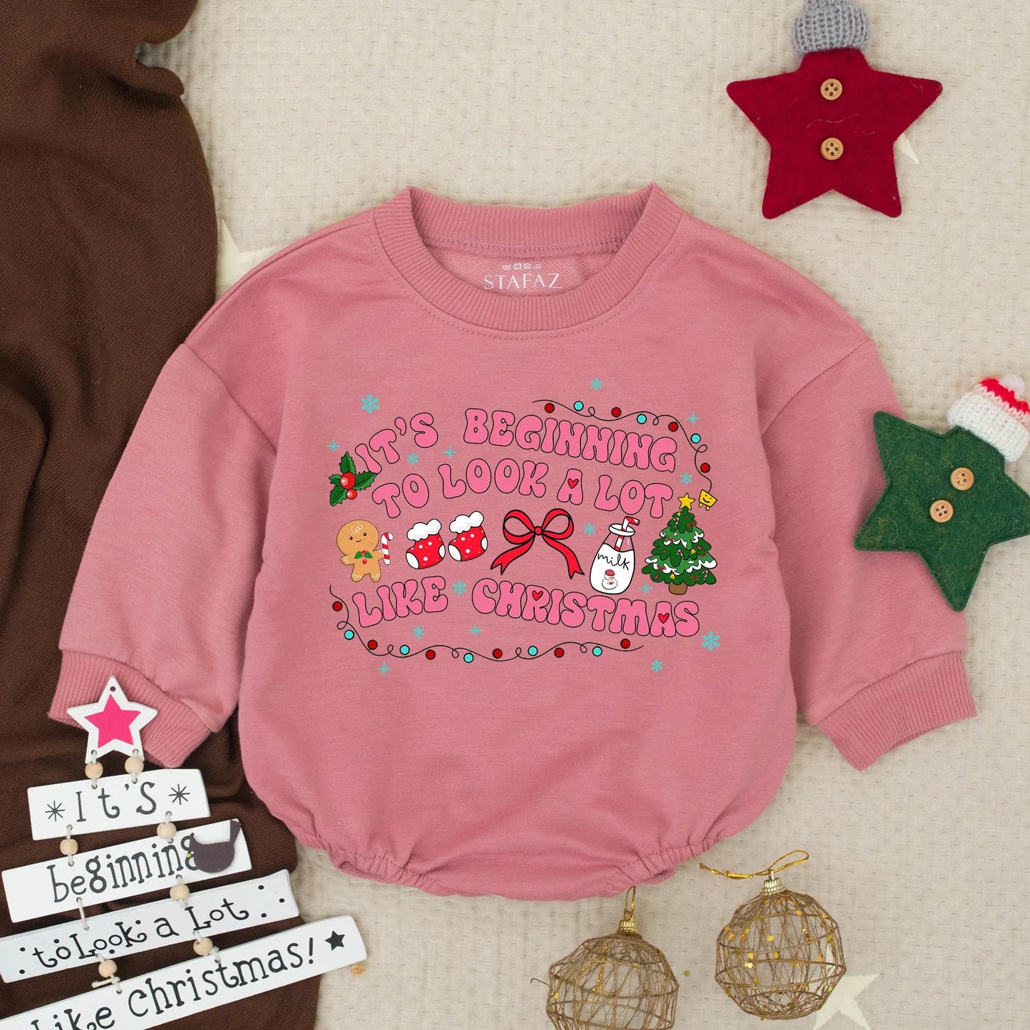It's Beginning to Look a Lot Like Christmas Baby Romper Holiday Outfit Girl Boy Infant Clothes with Snowflakes, Gingerbread & Tree Design