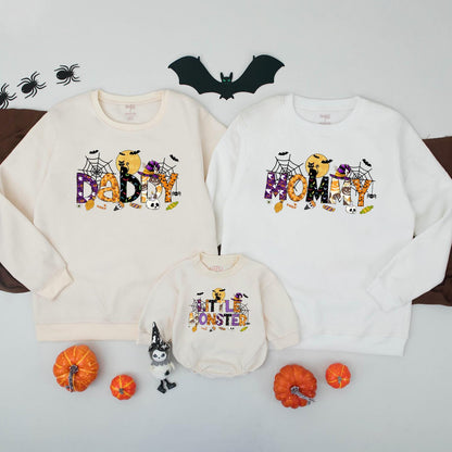 Spooky Halloween Family Matching Outfits Daddy Mommy Sister Little Monster Polka Dot Spider Web Stripes Purple Orange Yellow Black Bats Candy Pumpkins Cats