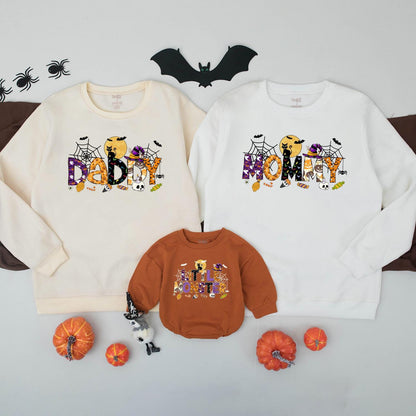 Spooky Halloween Family Matching Outfits Daddy Mommy Sister Little Monster Polka Dot Spider Web Stripes Purple Orange Yellow Black Bats Candy Pumpkins Cats