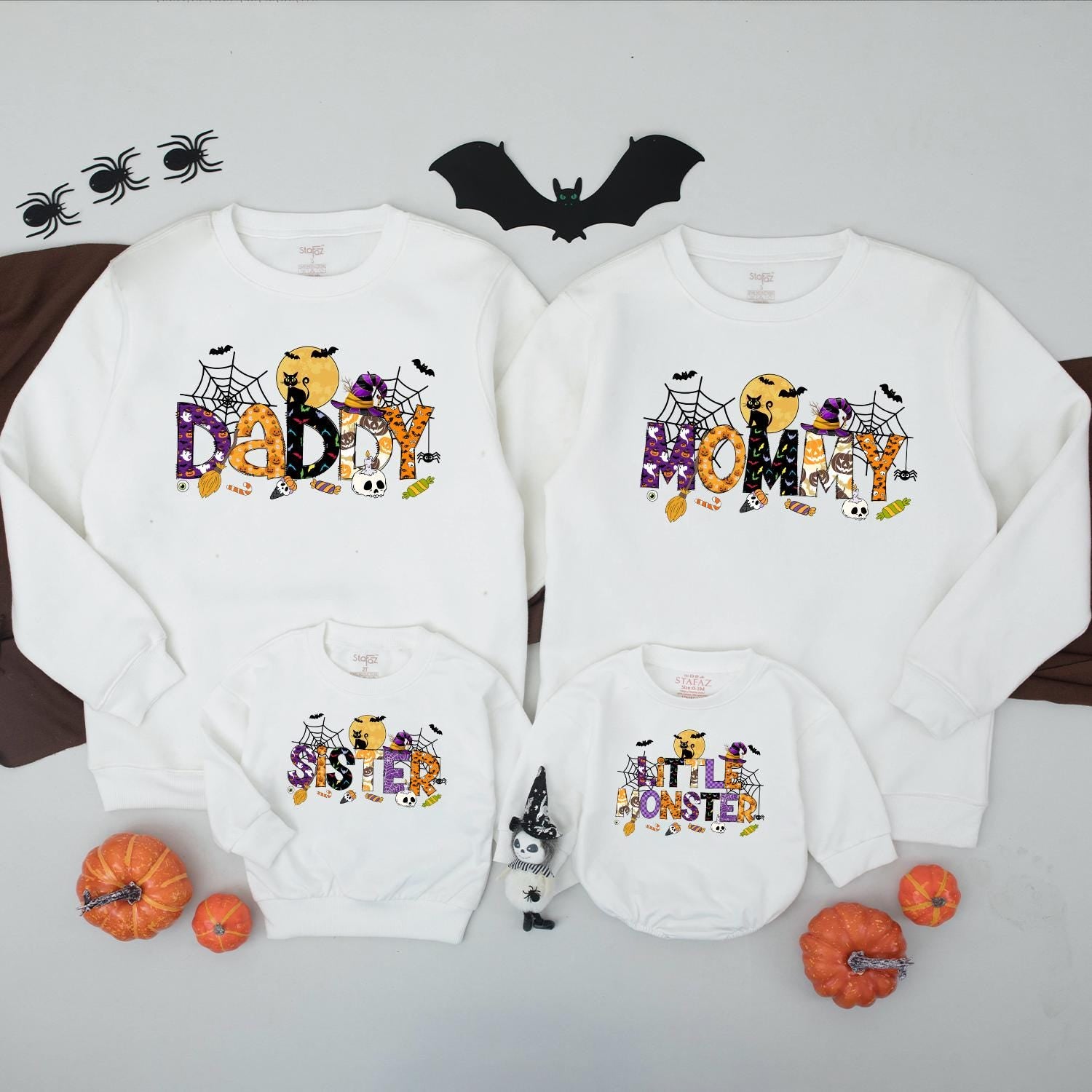 Spooky Halloween Family Matching Outfits Daddy Mommy Sister Little Monster Polka Dot Spider Web Stripes Purple Orange Yellow Black Bats Candy Pumpkins Cats