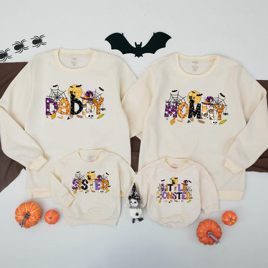 Spooky Halloween Family Matching Outfits Daddy Mommy Sister Little Monster Polka Dot Spider Web Stripes Purple Orange Yellow Black Bats Candy Pumpkins Cats