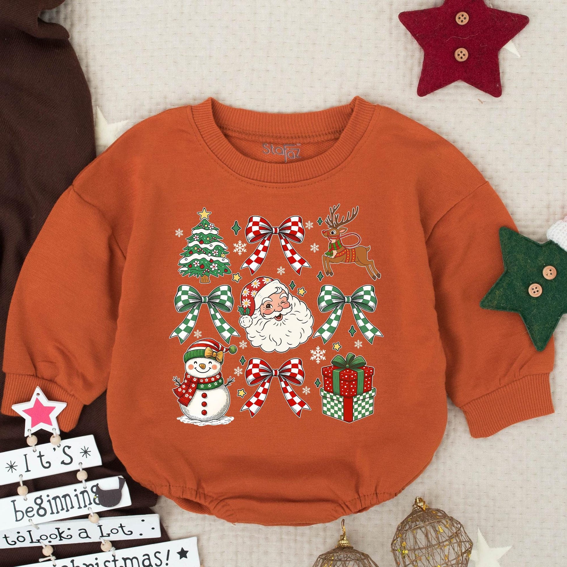 Baby's First Christmas Romper Sweatshirt Outfit, Festive Holiday Design with Santa, Tree, Snowman & Bows, Newborn Winter Gift