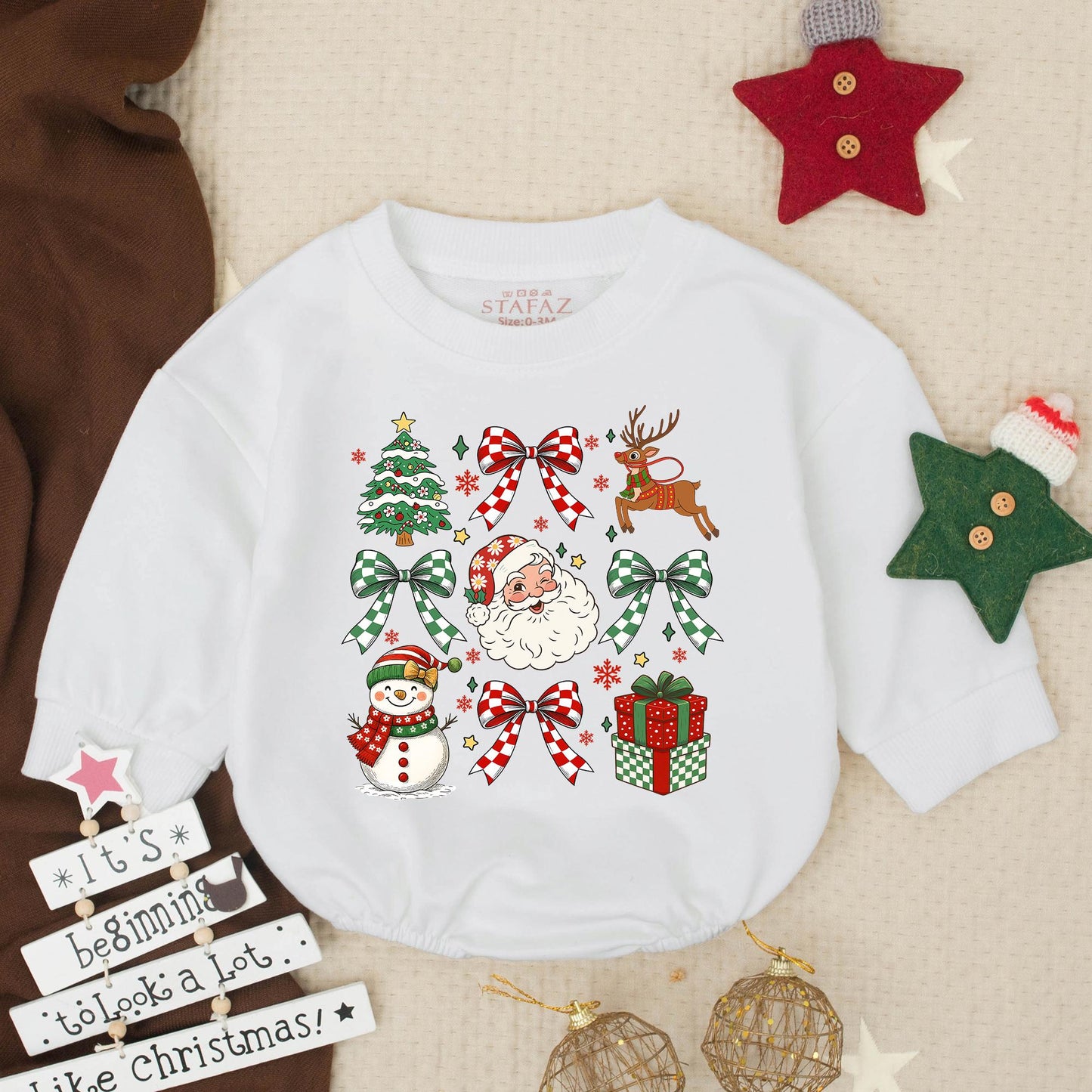 Baby's First Christmas Romper Sweatshirt Outfit, Festive Holiday Design with Santa, Tree, Snowman & Bows, Newborn Winter Gift