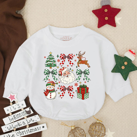 Baby's First Christmas Romper Sweatshirt Outfit, Festive Holiday Design with Santa, Tree, Snowman & Bows, Newborn Winter Gift