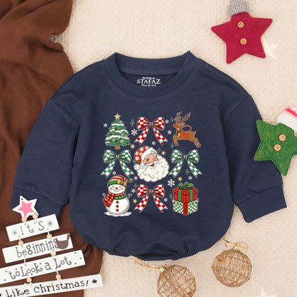 Baby's First Christmas Romper Sweatshirt Outfit, Festive Holiday Design with Santa, Tree, Snowman & Bows, Newborn Winter Gift