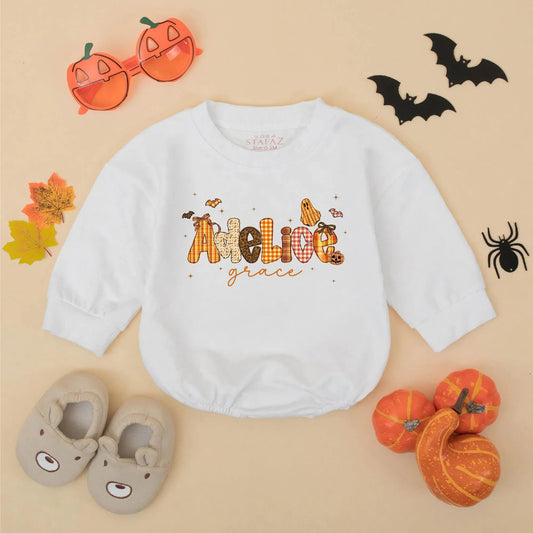 Adeline Grace Fall Halloween Baby Girl Romper, Custom Name Pumpkin & Ghost Design Infant Bodysuit, Autumn Toddler Outfit