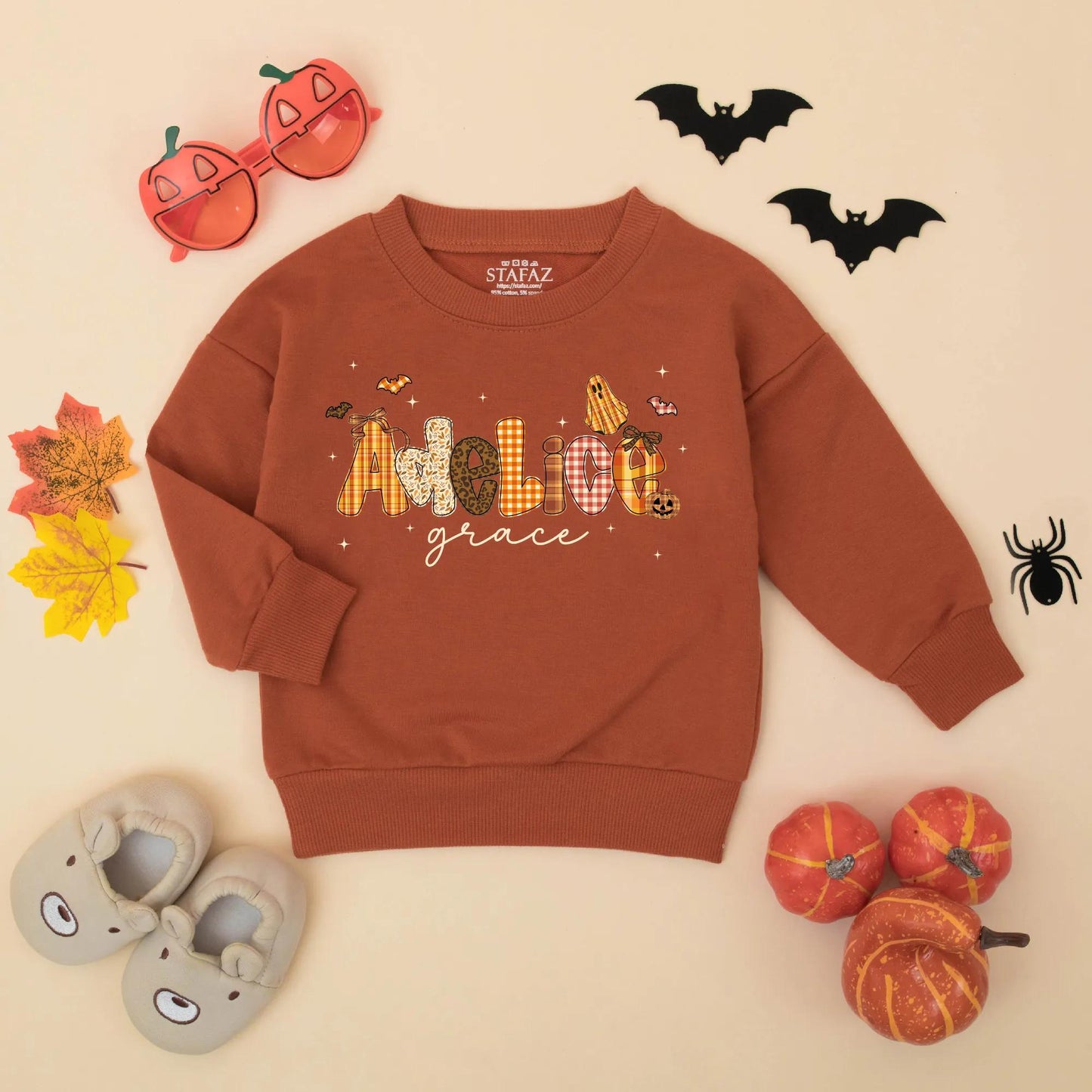 Adeline Grace Fall Halloween Baby Girl Romper, Custom Name Pumpkin & Ghost Design Infant Bodysuit, Autumn Toddler Outfit
