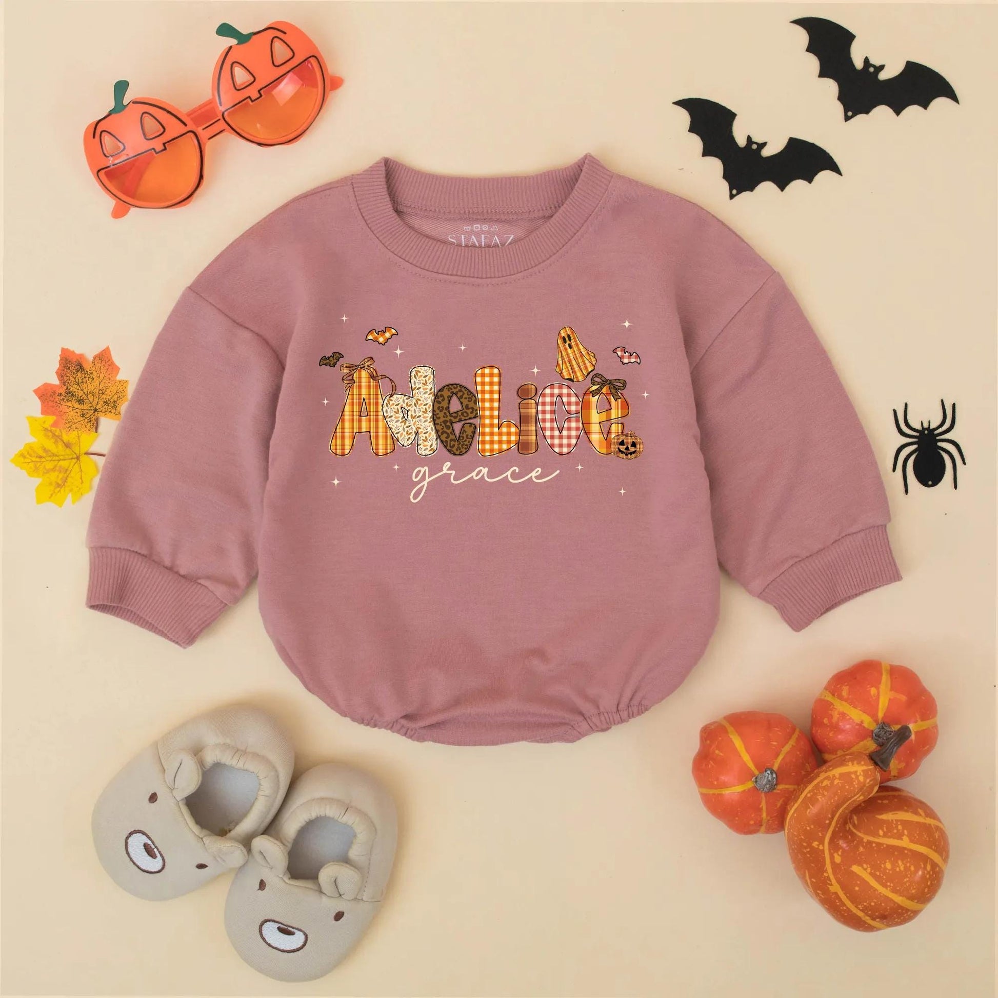 Adeline Grace Fall Halloween Baby Girl Romper, Custom Name Pumpkin & Ghost Design Infant Bodysuit, Autumn Toddler Outfit