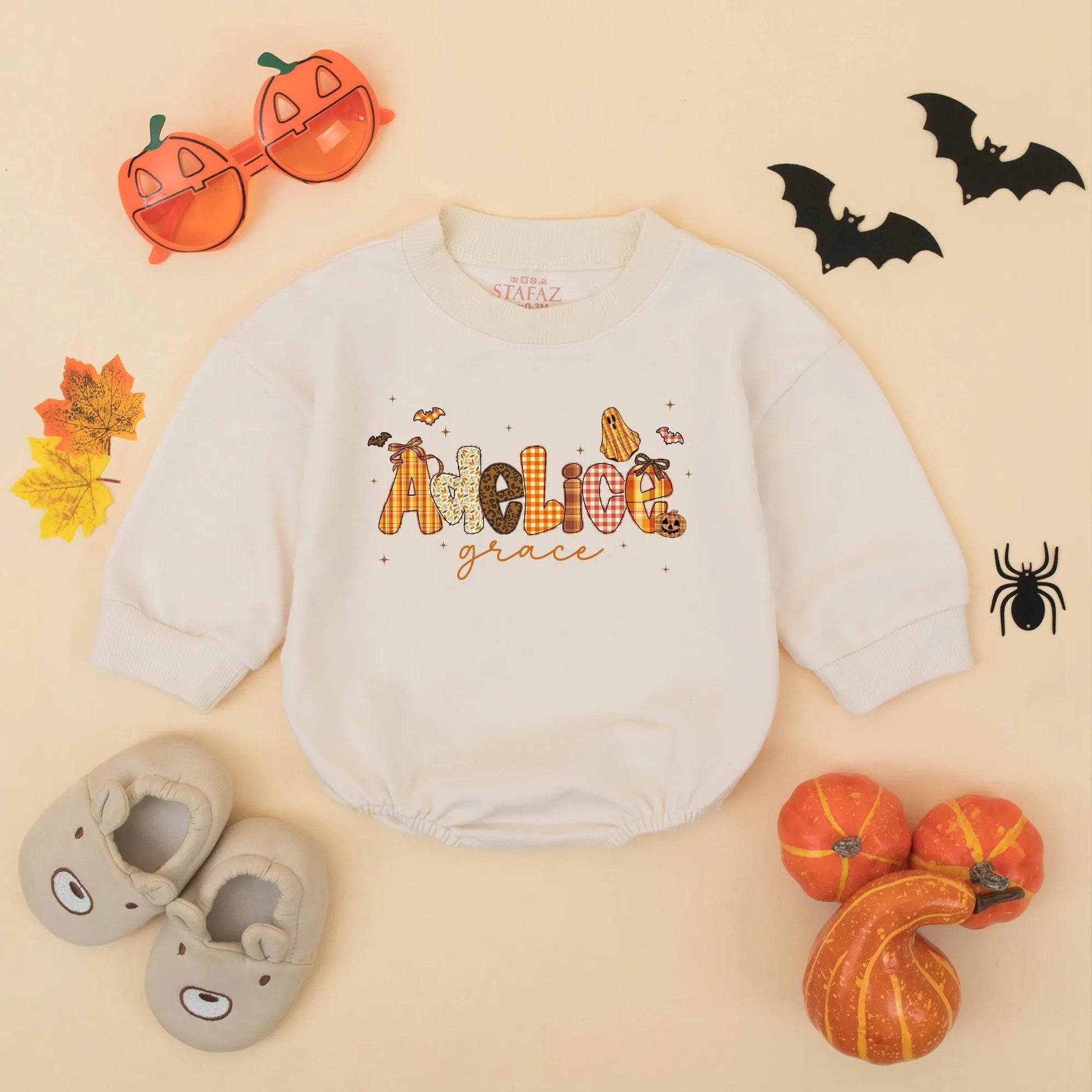 Adeline Grace Fall Halloween Baby Girl Romper, Custom Name Pumpkin & Ghost Design Infant Bodysuit, Autumn Toddler Outfit