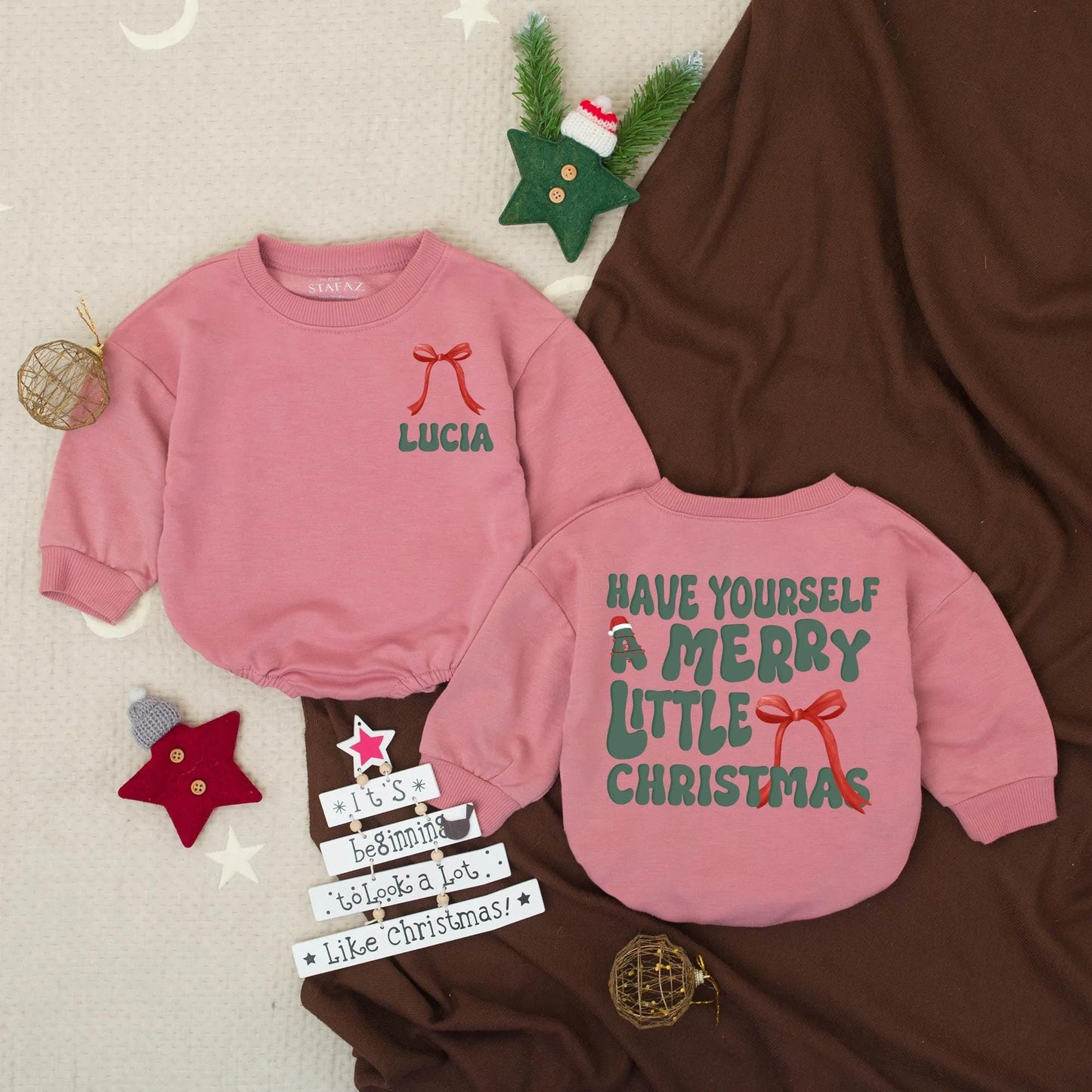 Merry Christmas Baby Romper Outfit with Red Ribbon Accent, First Christmas Toddler Sweatshirt Holiday Clothes, Personalized Lucia Romper, Cute Xmas Tree