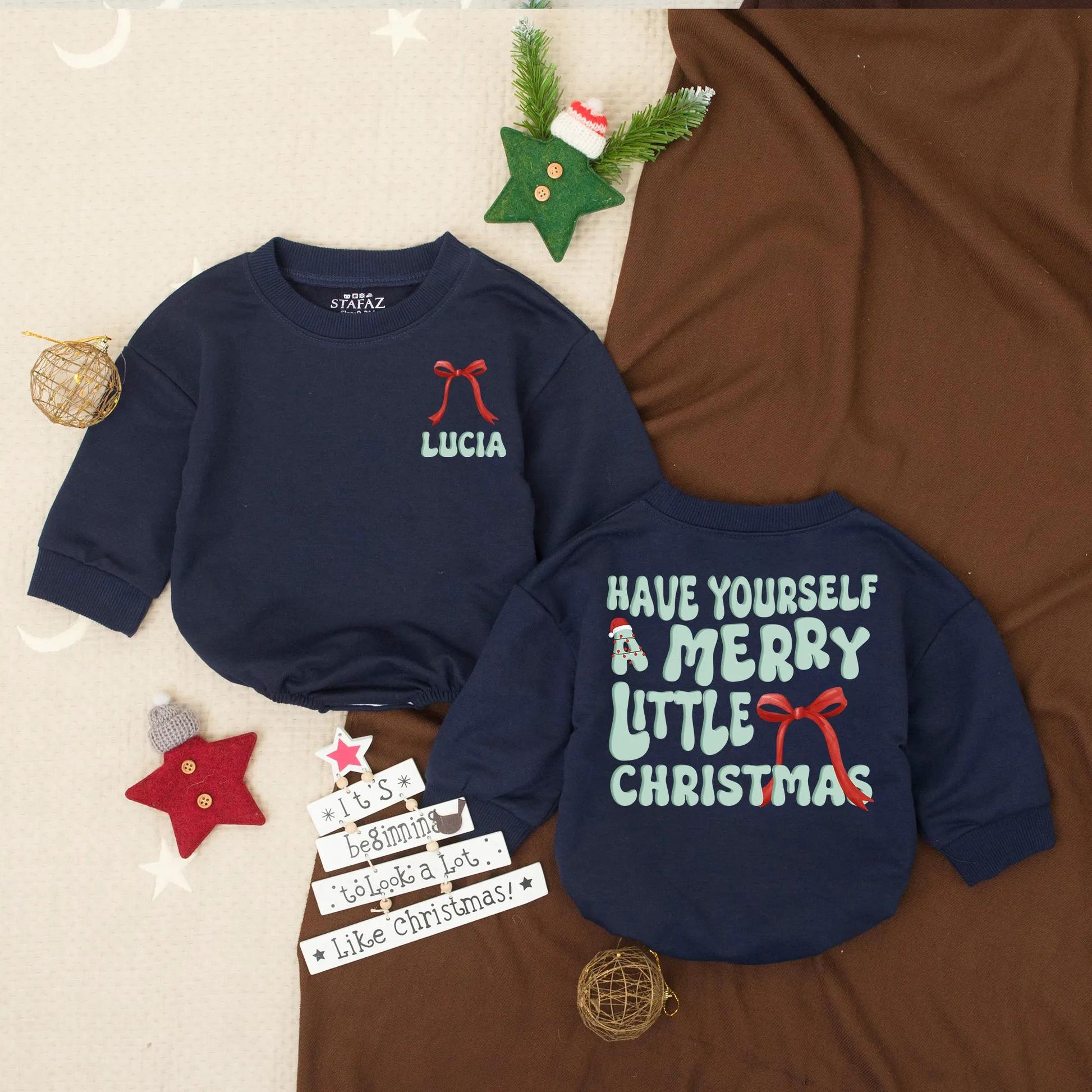 Merry Christmas Baby Romper Outfit with Red Ribbon Accent, First Christmas Toddler Sweatshirt Holiday Clothes, Personalized Lucia Romper, Cute Xmas Tree