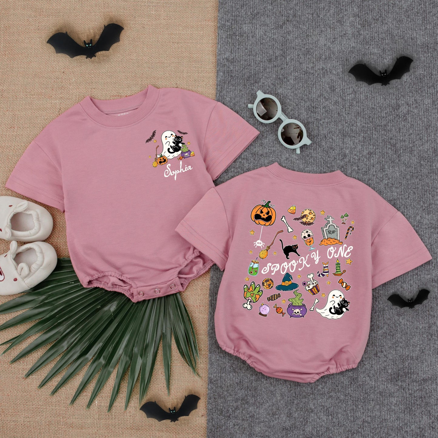 Personalized Baby Halloween Bubble Romper with Spooky Cartoon Graphics, Cute Ghost Pumpkin Cauldron Design, Spooky One Fall First Birthday Outfit