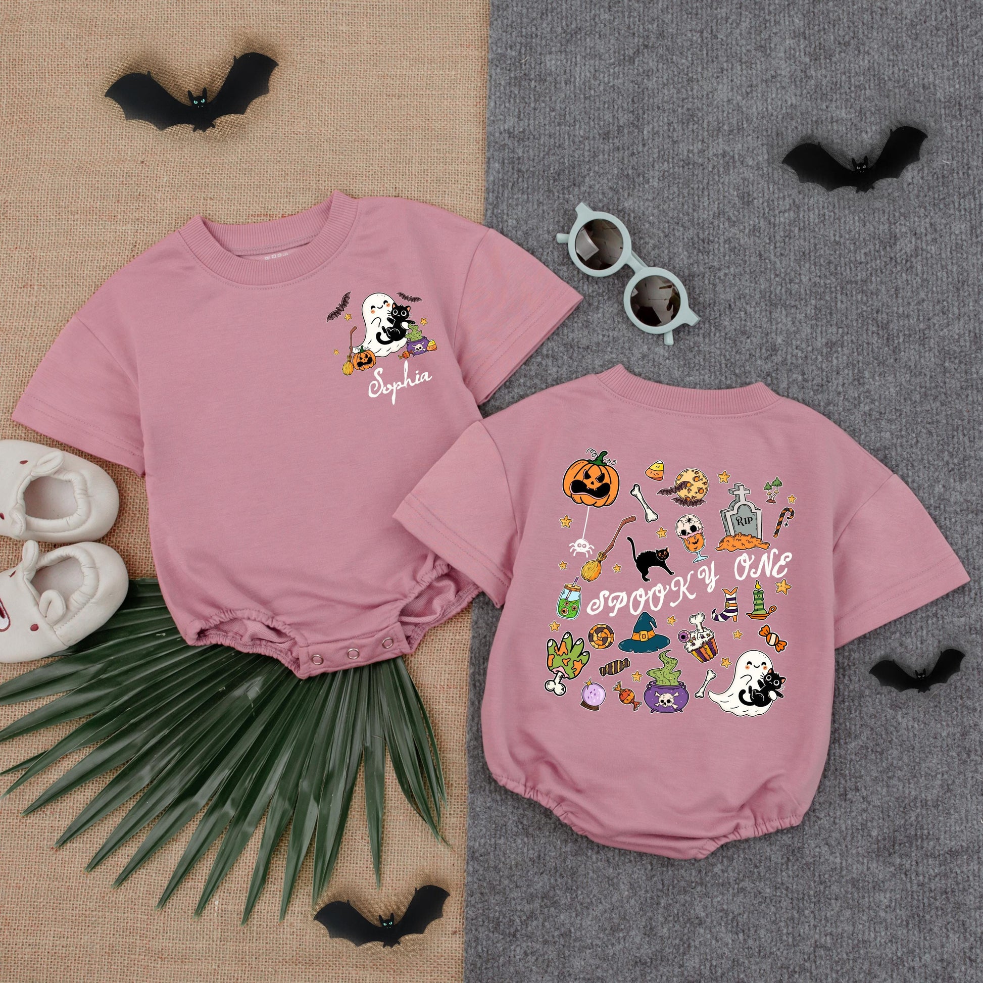 Personalized Baby Halloween Bubble Romper with Spooky Cartoon Graphics, Cute Ghost Pumpkin Cauldron Design, Spooky One Fall First Birthday Outfit
