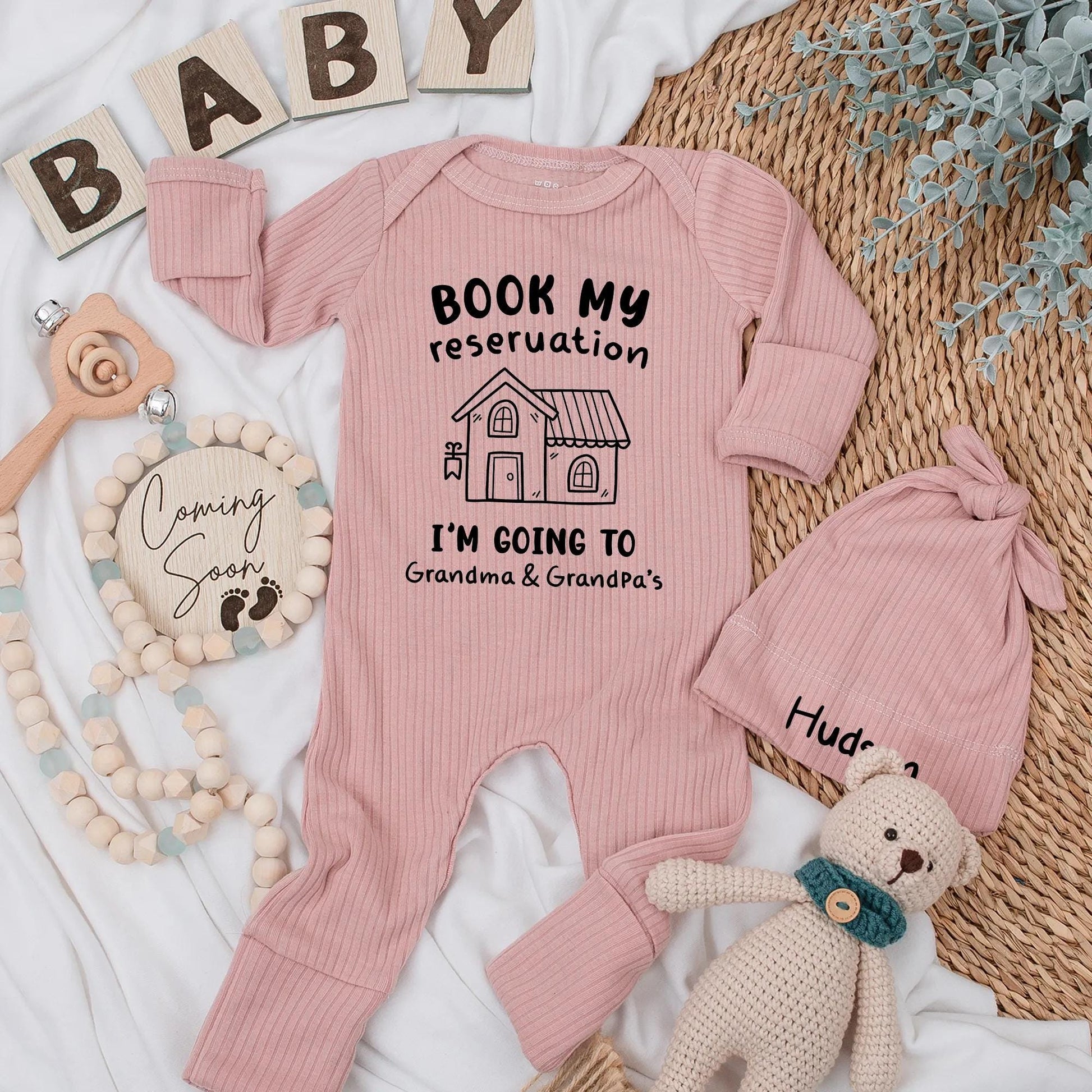 Book My Reservation Baby Bodysuit Grandma Grandpa Visit Cute House Line Art Black Text Newborn Outfit Gift