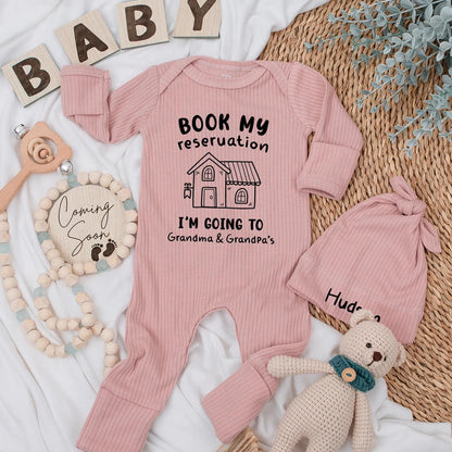 Book My Reservation Baby Bodysuit Grandma Grandpa Visit Cute House Line Art Black Text Newborn Outfit Gift