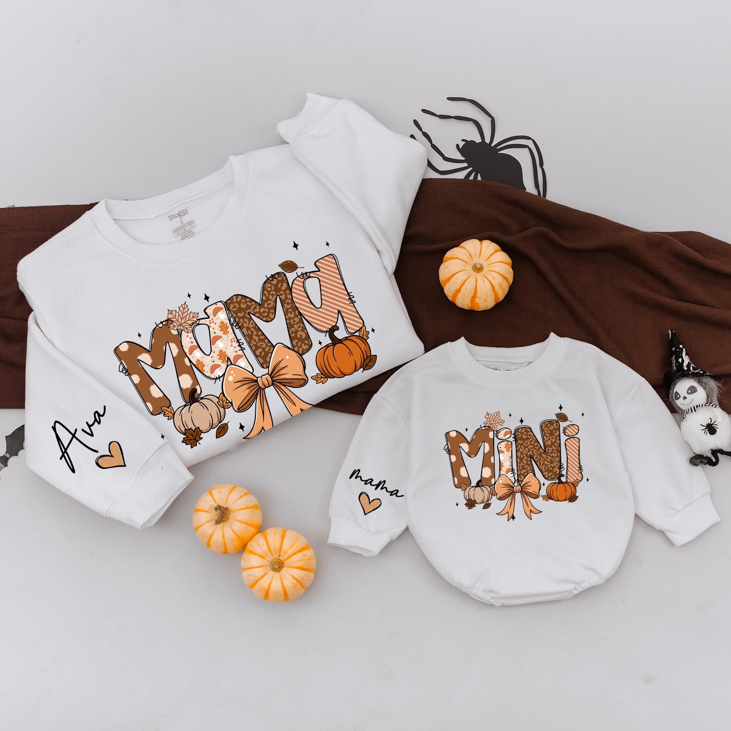 Mama Mini Fall Sweatshirts Cozy Autumn Matching Outfits with Pumpkin Bow Design for Mommy and Me